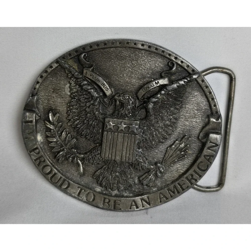Belt Buckle - Proud To Be An American - 1981 H132 USA - Bergamot Brass Works